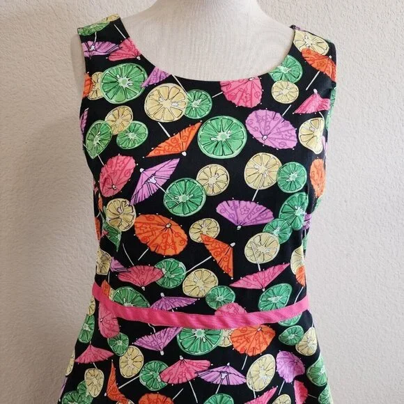 Vintage Requirements Cocktail Umbrella Lemon Lime Novelty Fit Flare Dress 8/S - Picture 3 of 11